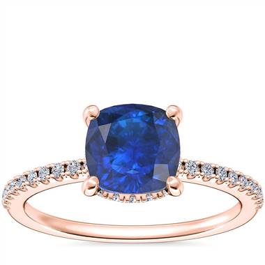 Petite Micropave Hidden Halo Engagement Ring with Cushion Sapphire in 14k Rose Gold (6mm)