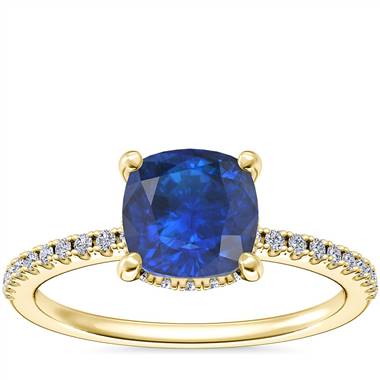 Petite Micropave Hidden Halo Engagement Ring with Cushion Sapphire in 14k Yellow Gold (6mm)