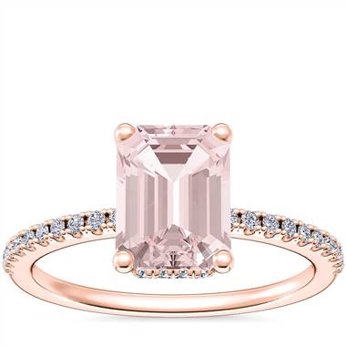 Petite Micropave Hidden Halo Engagement Ring with Emerald-Cut Morganite in 14k Rose Gold (8x6mm)