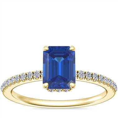 Petite Micropave Hidden Halo Engagement Ring with Emerald-Cut Sapphire in 14k Yellow Gold (7x5mm)