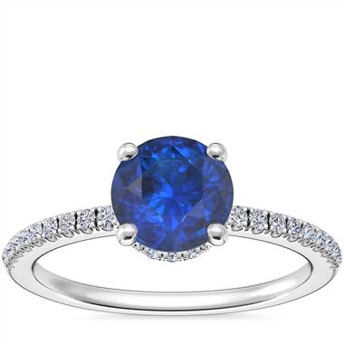 Petite Micropave Hidden Halo Engagement Ring with Round Sapphire in Platinum (6mm)