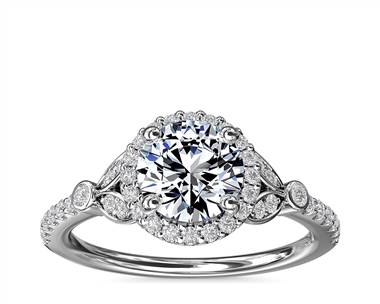 Petite Pave Leaf Halo Diamond Engagement Ring In 14k White Gold 1 4 ct. tw. Blue Nile 66822