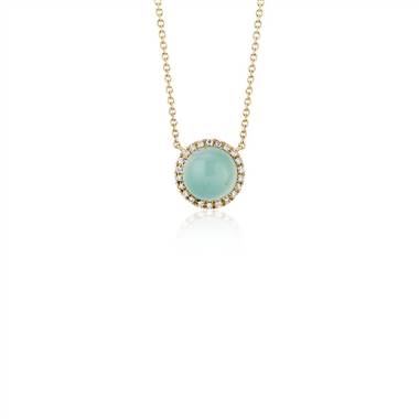 Petite Round Green Chalcedony Cabochon Pendant with Diamond Halo in 14k Yellow Gold (7mm)