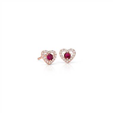 Petite Ruby and Diamond Pave Heart Stud Earrings in 14k Rose Gold (2.5mm)