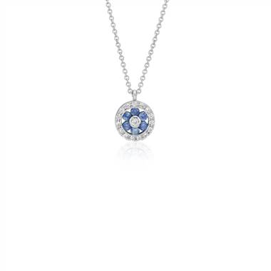 Petite Sapphire and Diamond Floral Pendant in 14k White Gold (1.5mm)