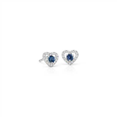 "Petite Sapphire and Diamond Pave Heart Stud Earrings in 14k White Gold (2.5mm)"