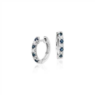 Petite Sapphire and Diamond Pave Huggie Hoop Earrings in 14k White Gold (1.9mm)