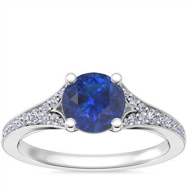 Petite Split Shank Pave Cathedral Engagement Ring with Round Sapphire in Platinum (6mm)