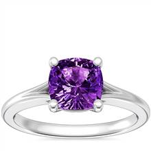 Petite Split Shank Solitaire Engagement Ring with Cushion Amethyst in 18k White Gold (6.5mm) | Blue Nile