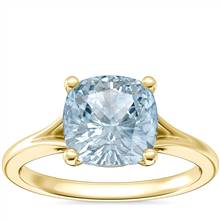 Petite Split Shank Solitaire Engagement Ring with Cushion Aquamarine in 18k Yellow Gold (8mm) | Blue Nile