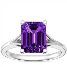 Petite Split Shank Solitaire Engagement Ring with Emerald-Cut Amethyst in 18k White Gold (9x7mm) | Blue Nile