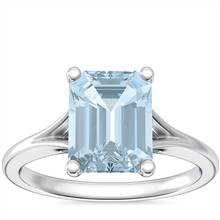 Petite Split Shank Solitaire Engagement Ring with Emerald-Cut Aquamarine in 18k White Gold (9x7mm) | Blue Nile