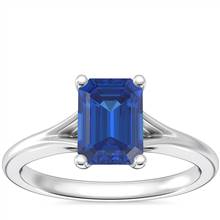 Petite Split Shank Solitaire Engagement Ring with Emerald-Cut Sapphire in 18k White Gold (7x5mm) | Blue Nile