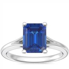 Petite Split Shank Solitaire Engagement Ring with Emerald-Cut Sapphire in 18k White Gold (8x6mm) | Blue Nile