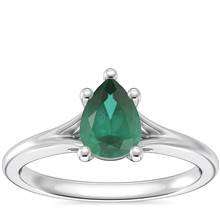 Petite Split Shank Solitaire Engagement Ring with Pear-Shaped Emerald in 18k White Gold (7x5mm) | Blue Nile