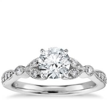 Petite Vintage Pave Leaf Diamond Engagement Ring in 14k White Gold (1/5 ct. tw.)