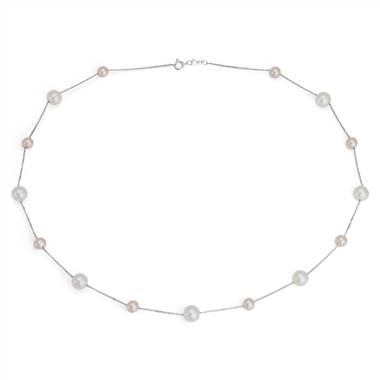 "Pink and White Freshwater Cultured Pearl Stationed Necklace in 14k White Gold (5.5-7.5mm)"