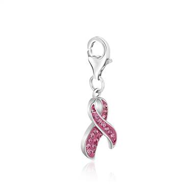 Pink Ribbon Breast Cancer Awareness Charm with Crystals in Sterling Silver