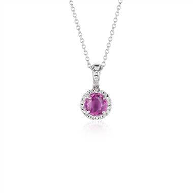 Pink Sapphire and Micropave Diamond Pendant in 18k White Gold (6mm)
