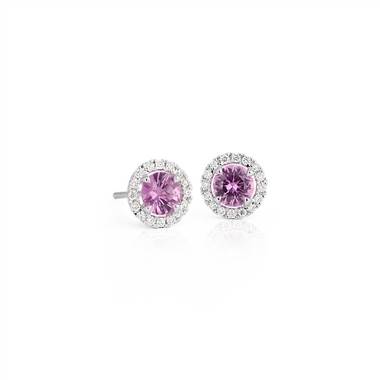Pink Sapphire and Micropave Diamond Stud Earrings in 18k White Gold (5mm)