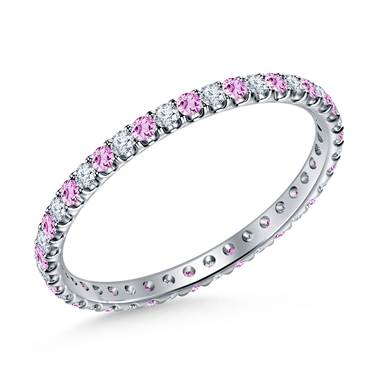 Pink Sapphire Gemstone and Diamond Comfort Fit Eternity Band in 14K White Gold
