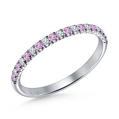 Pink Sapphire Gemstone and Diamond Comfort Fit Half Eternity Band in 14K White Gold