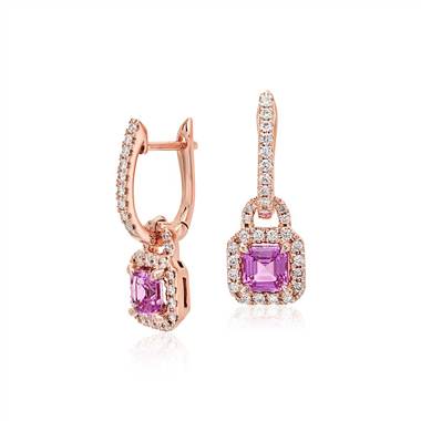 Pink Sapphire Halo Drop Earrings in 14k Rose Gold (4.5mm)