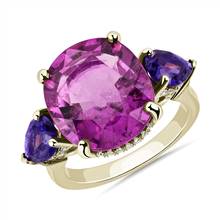 Pink Tourmaline and Amethyst Three Stone Ring with Hidden Halo in 18k Yellow Gold | Blue Nile