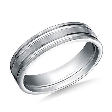 Platinum 6mm Comfort-Fit Satin-Finished with Parallel Grooves Carved Design Band