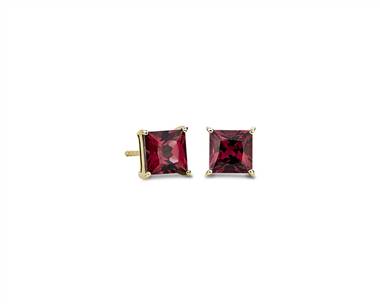 Princess Cut Rhodolite Garnet Studs In 14k Yellow Gold