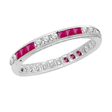 Princess Ruby And Round Diamond Eternity Band In 14K White Gold
