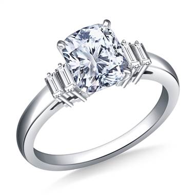 Prong Set Baguettes Accent Diamond Engagement Ring in 14K White Gold (1/2 cttw.)