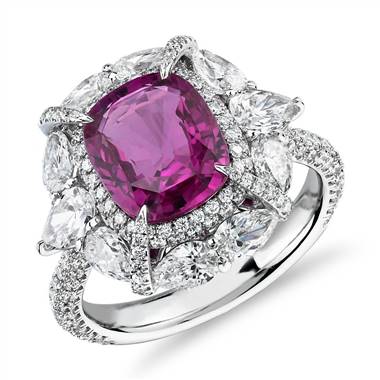 Radiant-Cut Pink Sapphire Ring with Pear-Shaped Diamond Halo in 18k White Gold (6.57 ct. center)