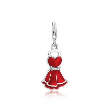 Red Party Dress on Hanger Charm with Crystals and Enamel in Sterling Silver