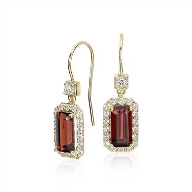 Robert Leser East-West Garnet Halo Drop Earrings in 14k Yellow Gold (9x4.5mm)