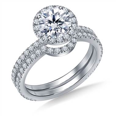 Round Halo Engagement Ring with Matching Band in 14K White Gold
