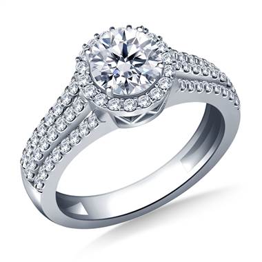 Round Halo Triple Band Diamond Accent Engagement Ring in 14K White Gold