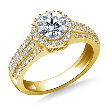 Round Halo Triple Band Diamond Accent Engagement Ring in 14K Yellow Gold