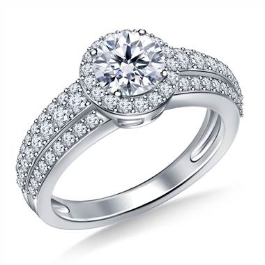 Round Halo Triple Band Diamond Engagement Ring in 14K White Gold