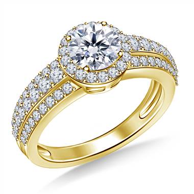 Round Halo Triple Band Diamond Engagement Ring in 18K Yellow Gold