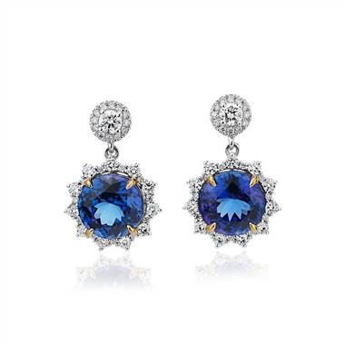 "Round Tanzanite Drop Earrings with Diamond Sunburst Halo in 18k White and Yellow Gold (9.5mm)"