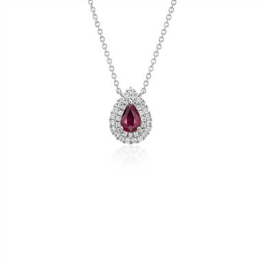 Ruby and Diamond Double Halo Pendant in 18k White Gold (6x4mm)