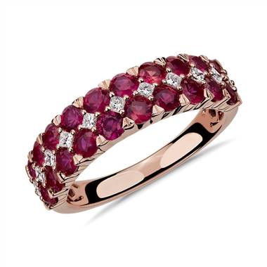 Ruby and Diamond Double Row Ring in 14k Rose Gold