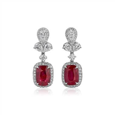 Ruby and Diamond Flourish Drop Earrings in 18k White Gold