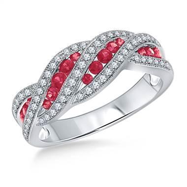 Ruby and Diamond Halo Multi Gemstone Pear Shape  Ring in 14K White Gold