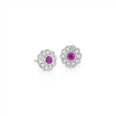 Ruby and Diamond Vintage-Inspired Fiore Stud Earrings in 14k White Gold (3mm)