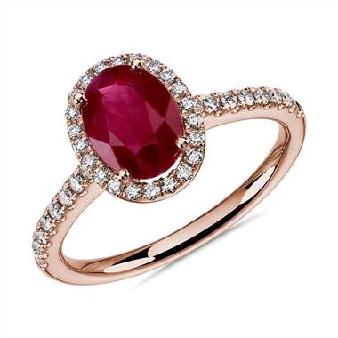 Ruby and MicroPave Diamond Halo Ring in 14k Rose Gold (8x6mm)