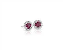Ruby and Micropave Diamond Halo Stud Earrings In 18k White Gold (5mm) | Blue Nile