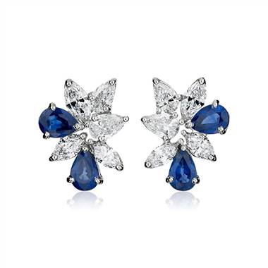 Sapphire and Diamond Cluster Earring in 18k White Gold
