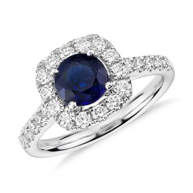 Sapphire and Diamond Cushion Halo Ring in 14k White Gold (6mm)